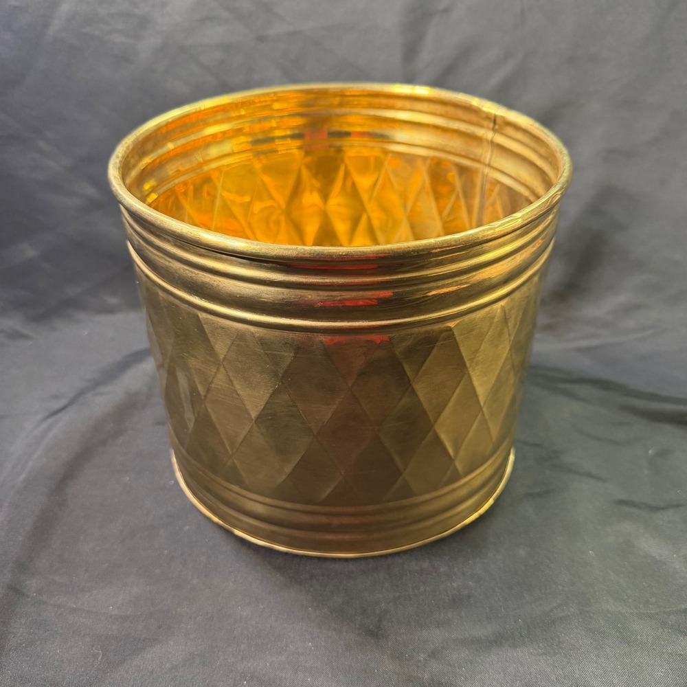 Vintage Brass Tone Metal Diamond Quilted Planter Pot Hollywood Regency Gold 7in